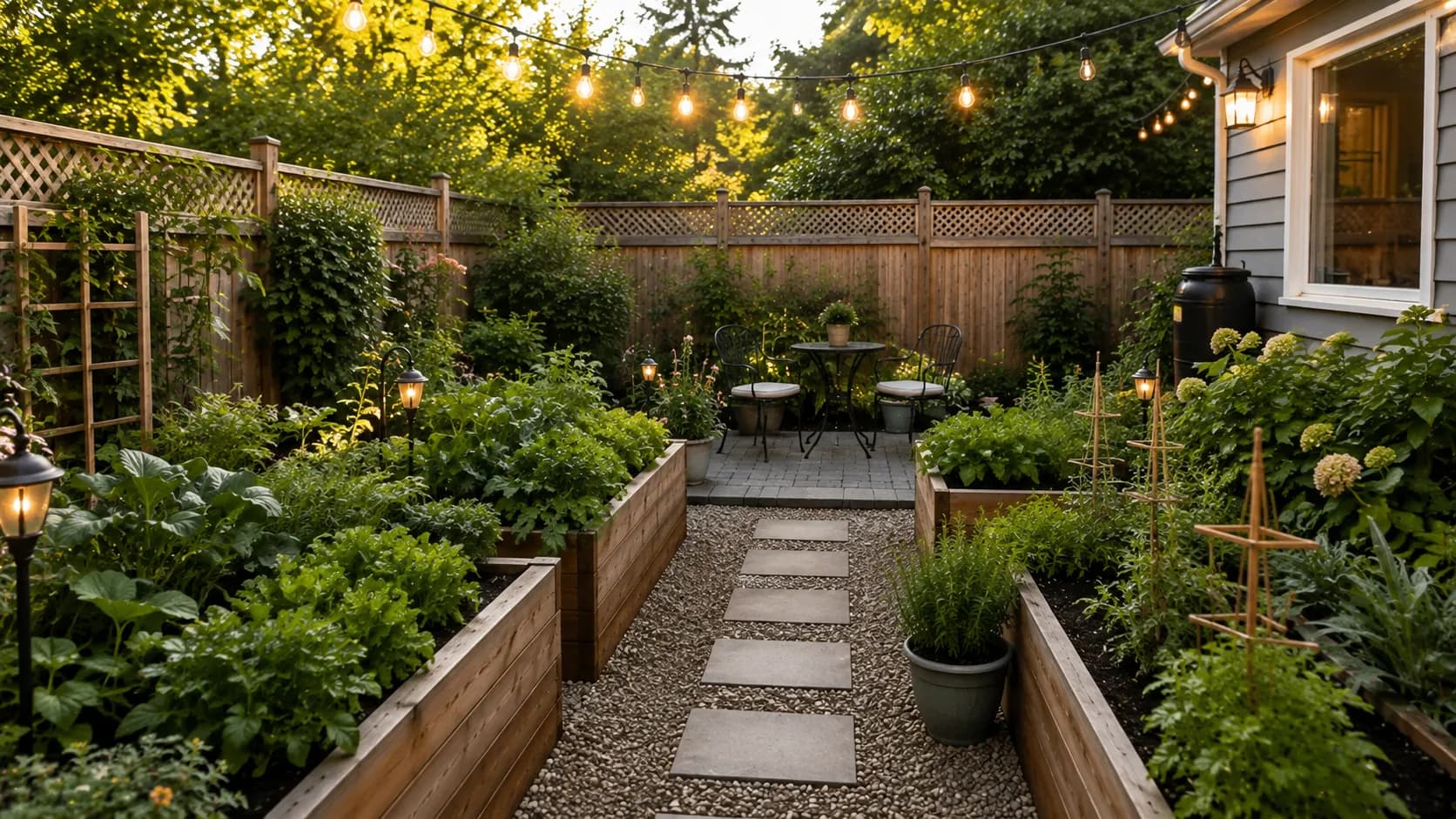Backyard Garden ideas for small yards with raised beds and patio