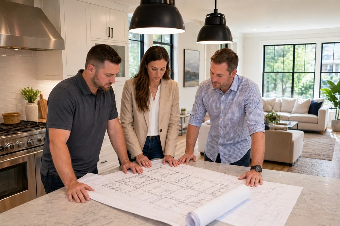 Home improvement contractors reviewing renovation plans in a modern Boston home