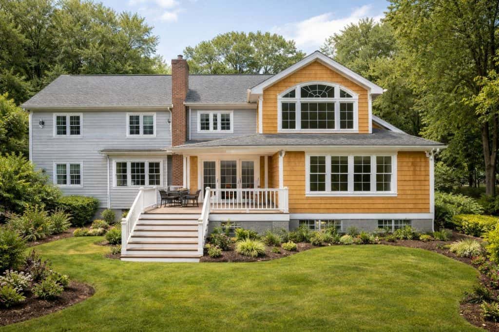 Two-story rear addition with deck and cedar shingle siding