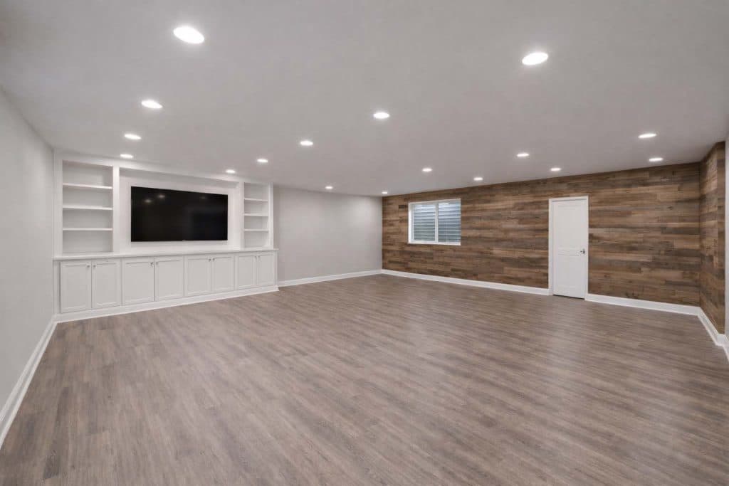 Finished basement with built-in shelving and media wall