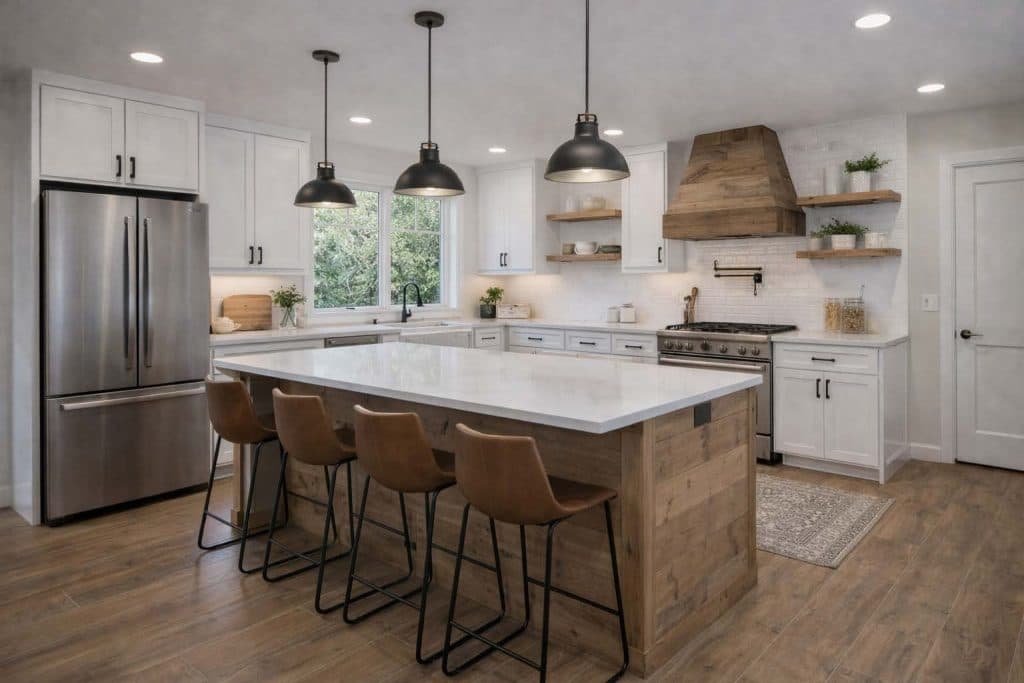 Remodeled white kitchen with large island, wood stools and black pendant lights